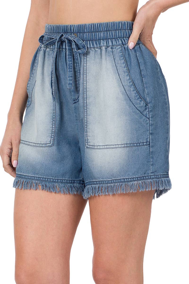 Chambrary Frayed Hem Shorts