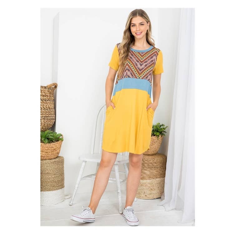 Chevron Print Round Neckline w/Side Pocket Dress
