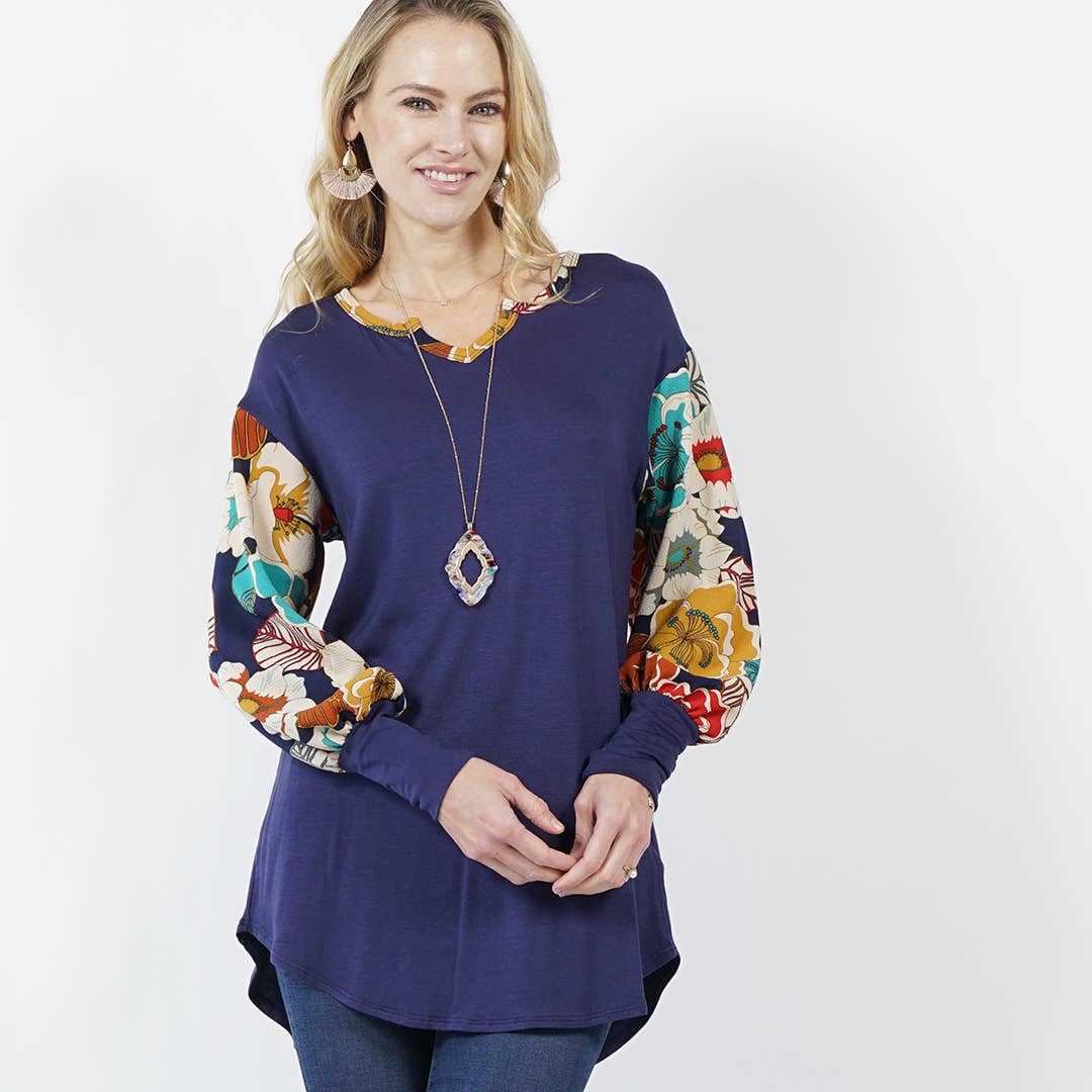 NAVY Notch neck bishop sleeve curved hem back print detail top