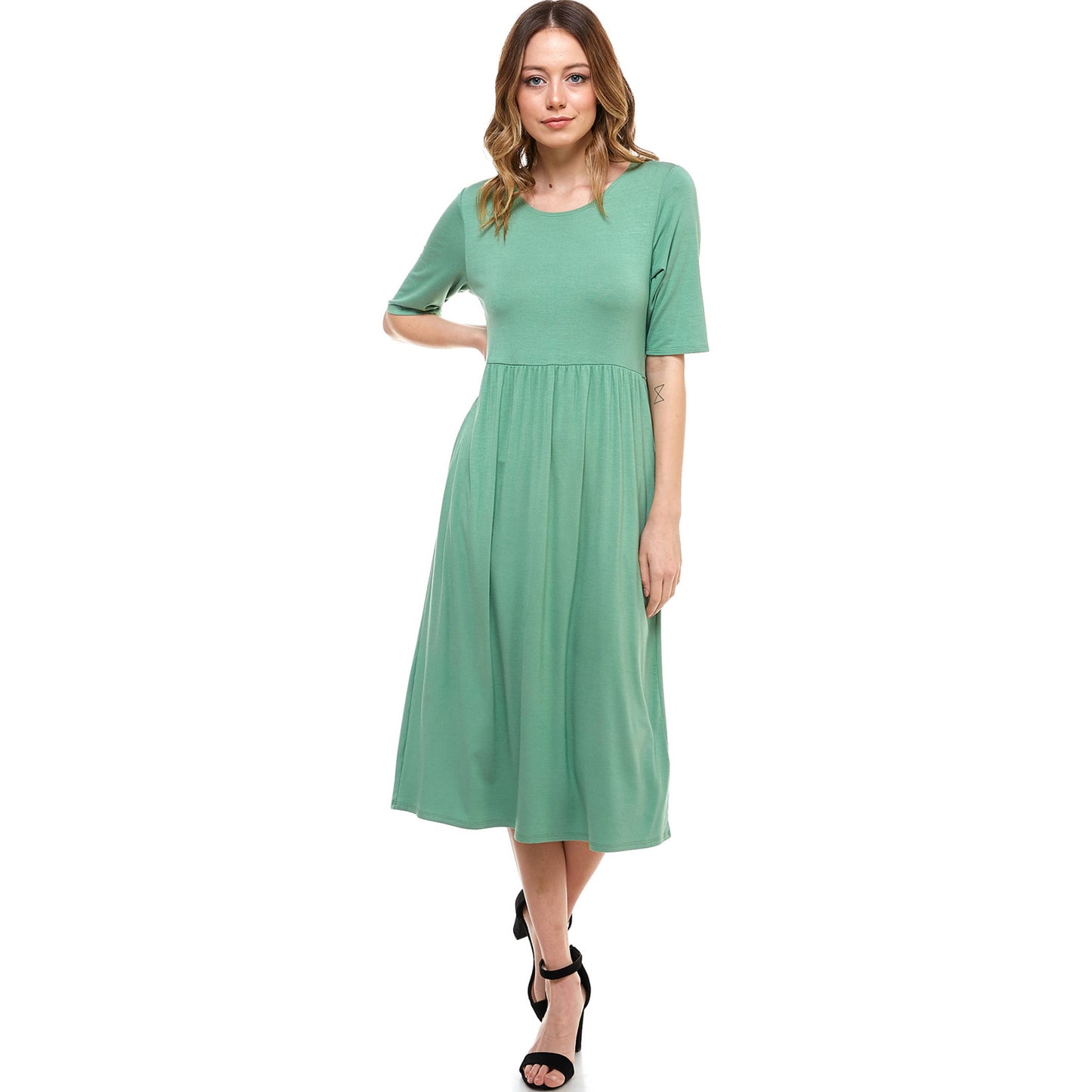 Elastic Waist Midi Dress With Pocket