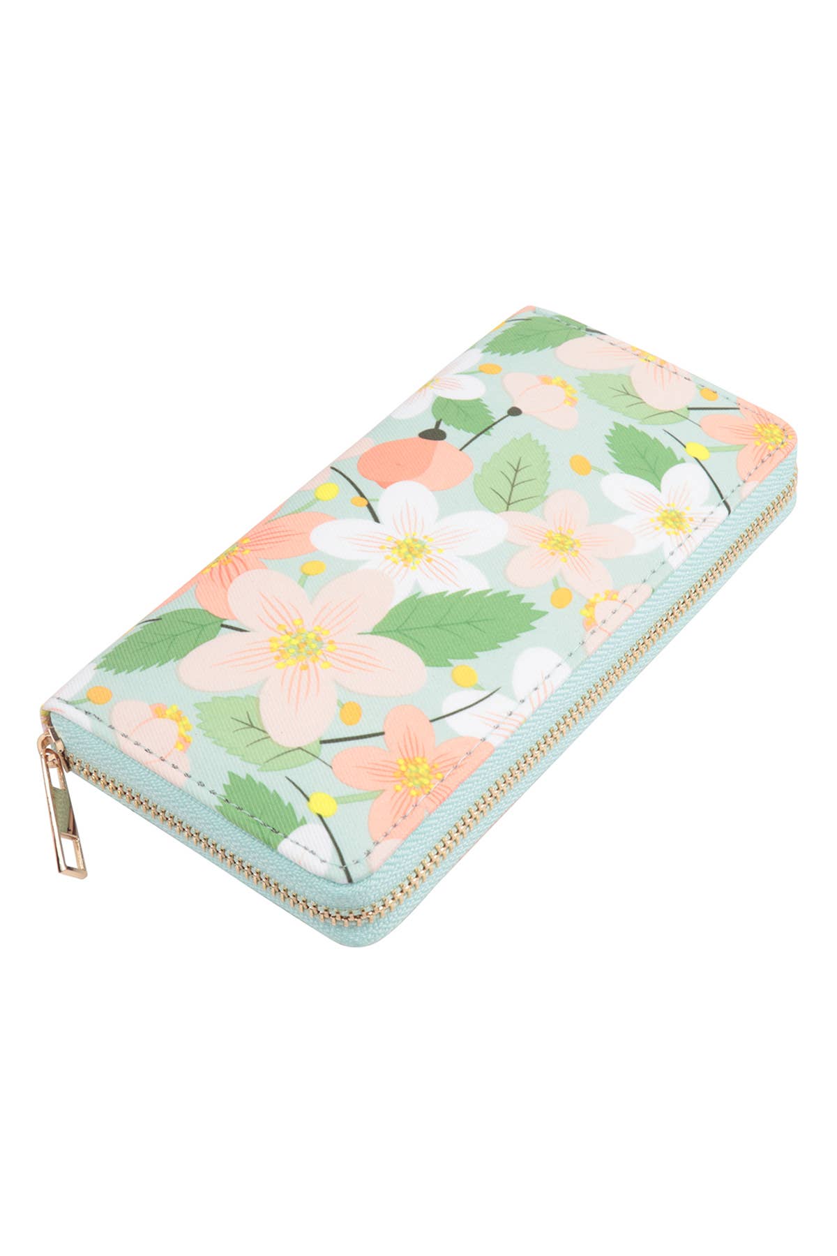 Flower Print Leather Zipper Wallet: Mint