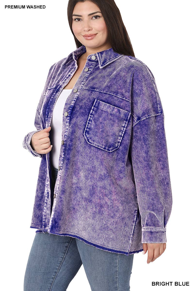 Plus Premium Vintage Washed Corduroy Shacket: BRIGHT BLUE