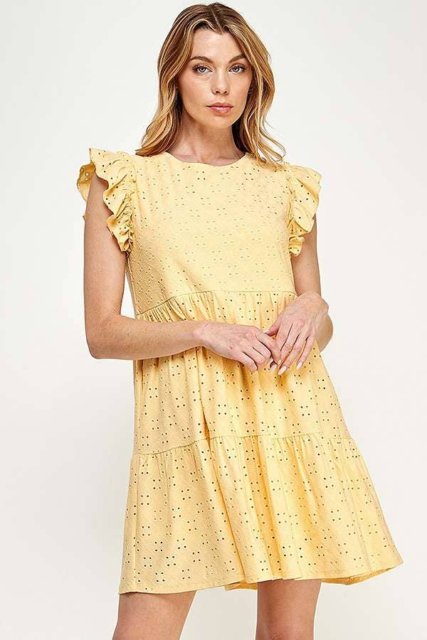 BabyDoll Tiered Mini Ruffle Sleeve Dress: BUTTER CREAM