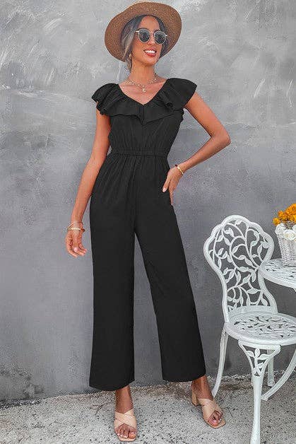 Ruffled V Neck Sleeveless Solid Jumpsuit