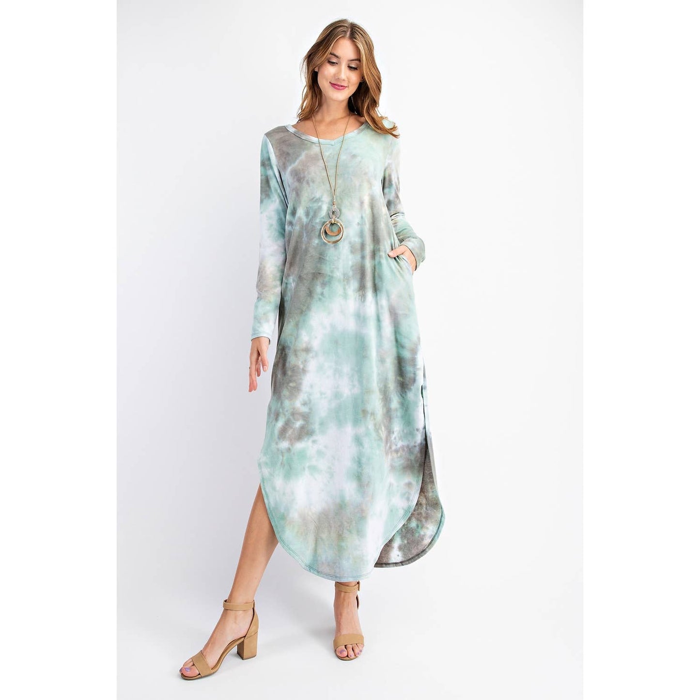 Tie Dye Long Sleeve Maxi Dress - Sage/Grey