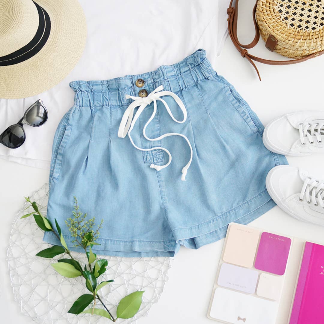 Sky Chambray Drawsstring Ruffle Waist Shorts w/Pockets