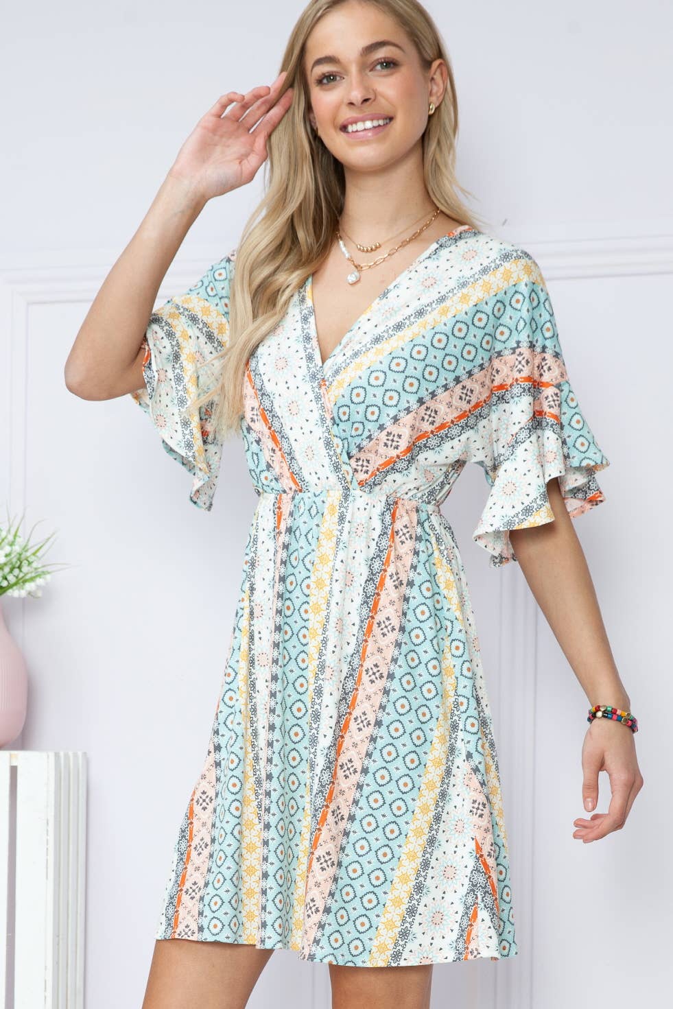 Geometric Short Sleeve Wrap Dress