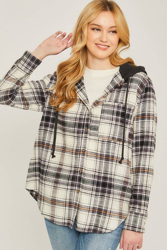 Hooded Plaid Sweater Shacket Black