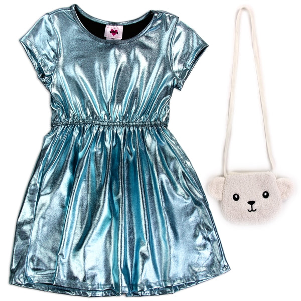 Girls Metallic Knit Dress W/ Purse