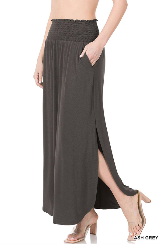 Smocked Waist Side Slit Maxi Skirt w/Pockets