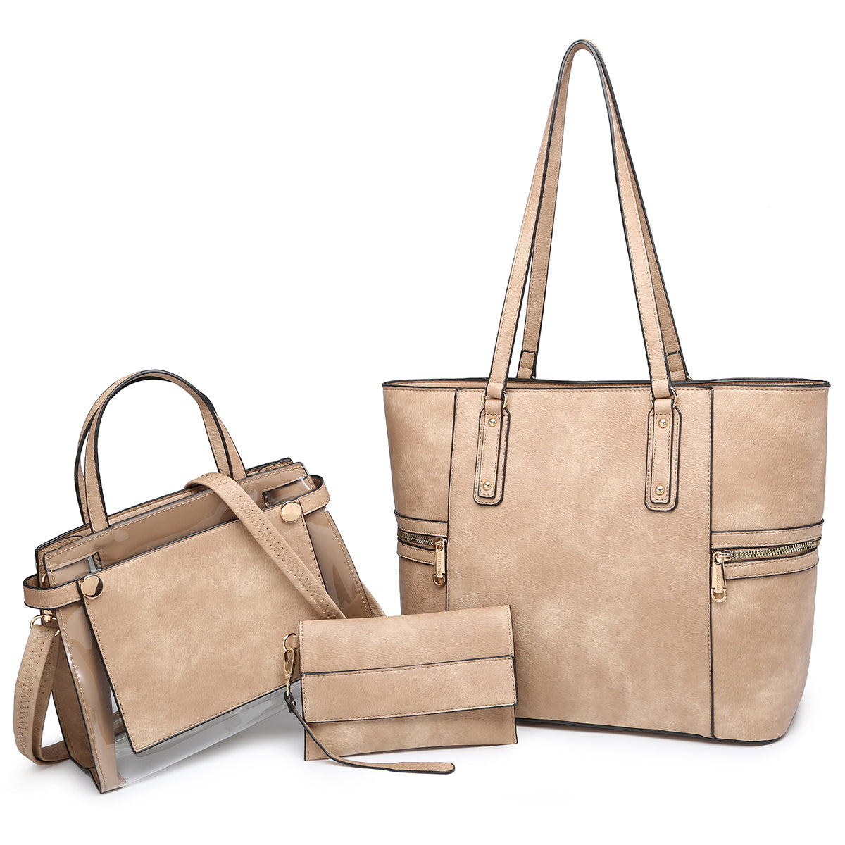 3-in-1 Large Faux Leather Tote Set with Matching Mini Satchel/Messenger Bag and a Wristlet