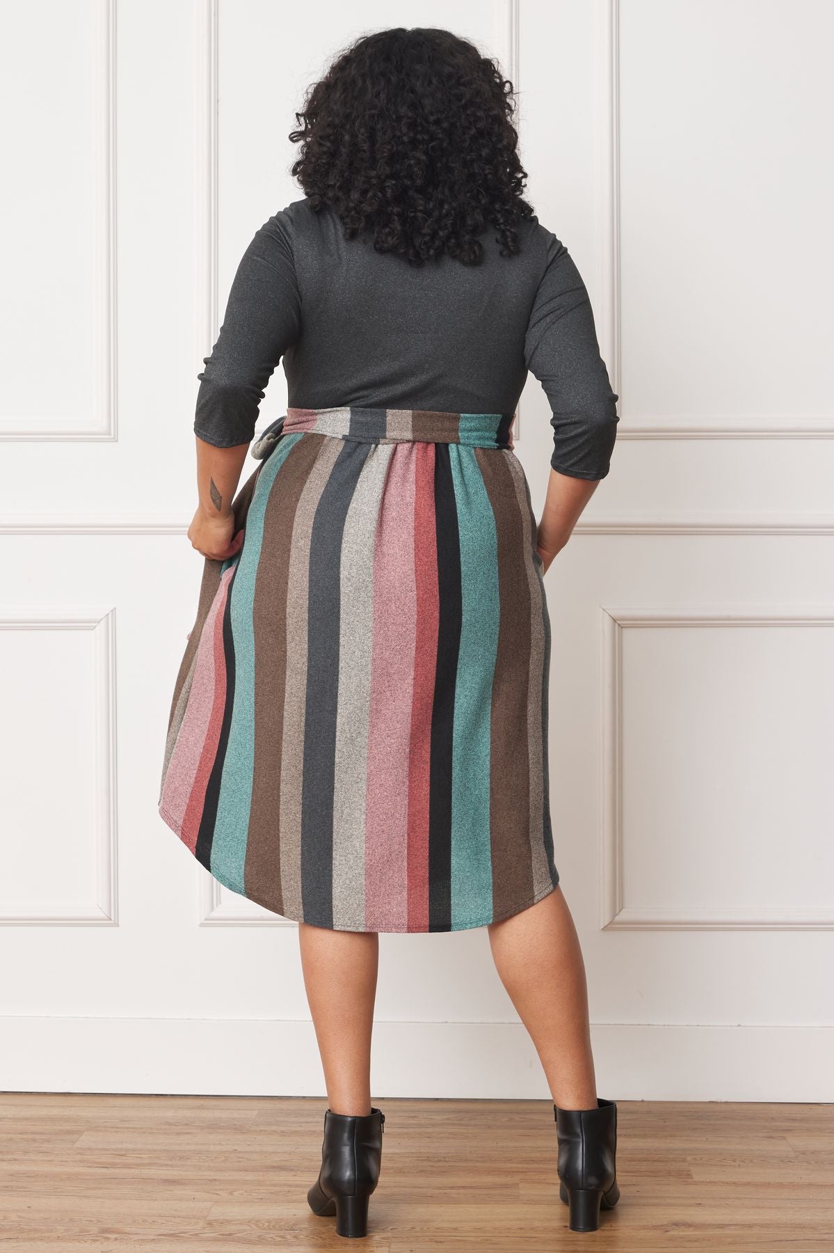 Quarter Sleeve Stripe Sash Midi Dress