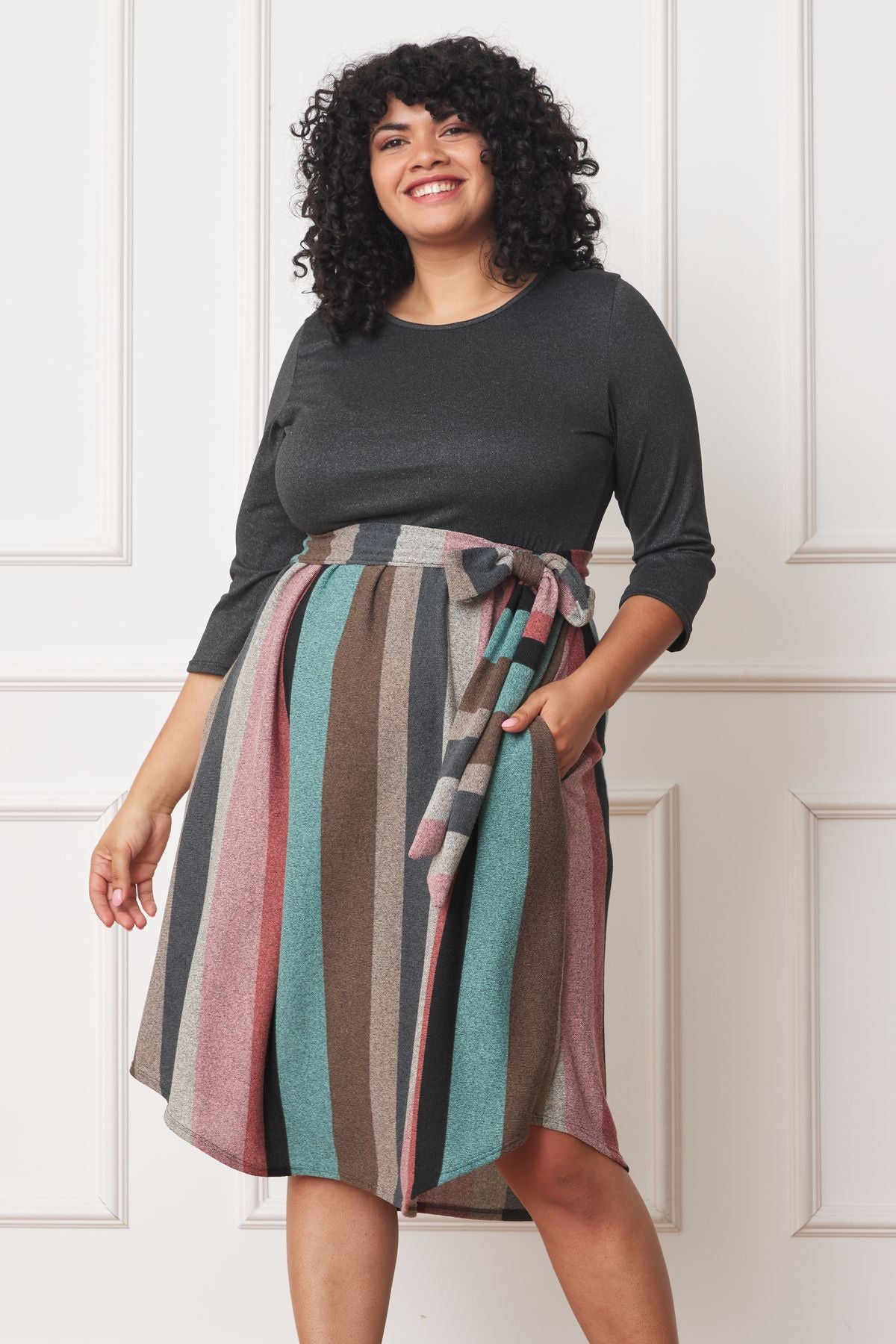 Quarter Sleeve Stripe Sash Midi Dress