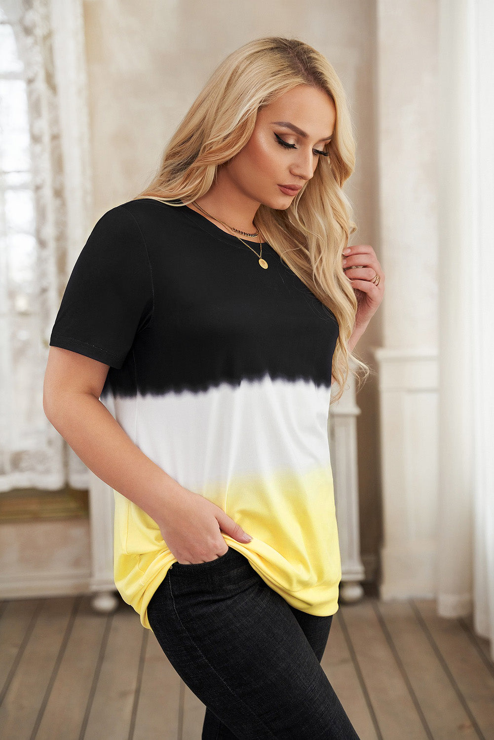 Black Crew Neck Tie-dye Colorblock Plus Size Tee