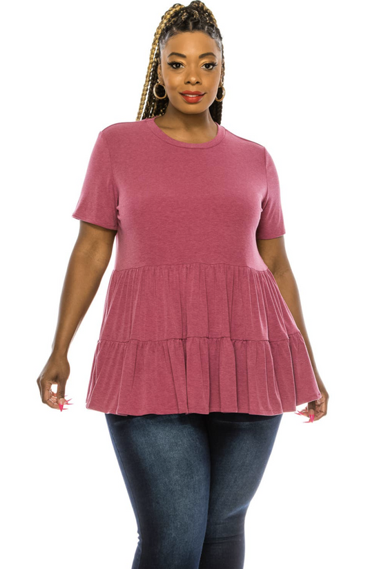 Loose Ruffle Hem Babydoll Short Sleeve Peplum Top