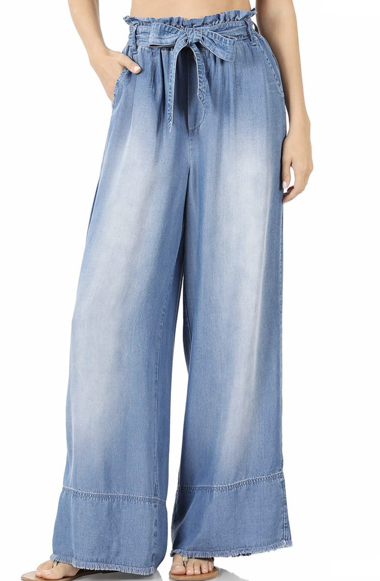 Chambray Paperbag Waist Belted Wide Leg Pants