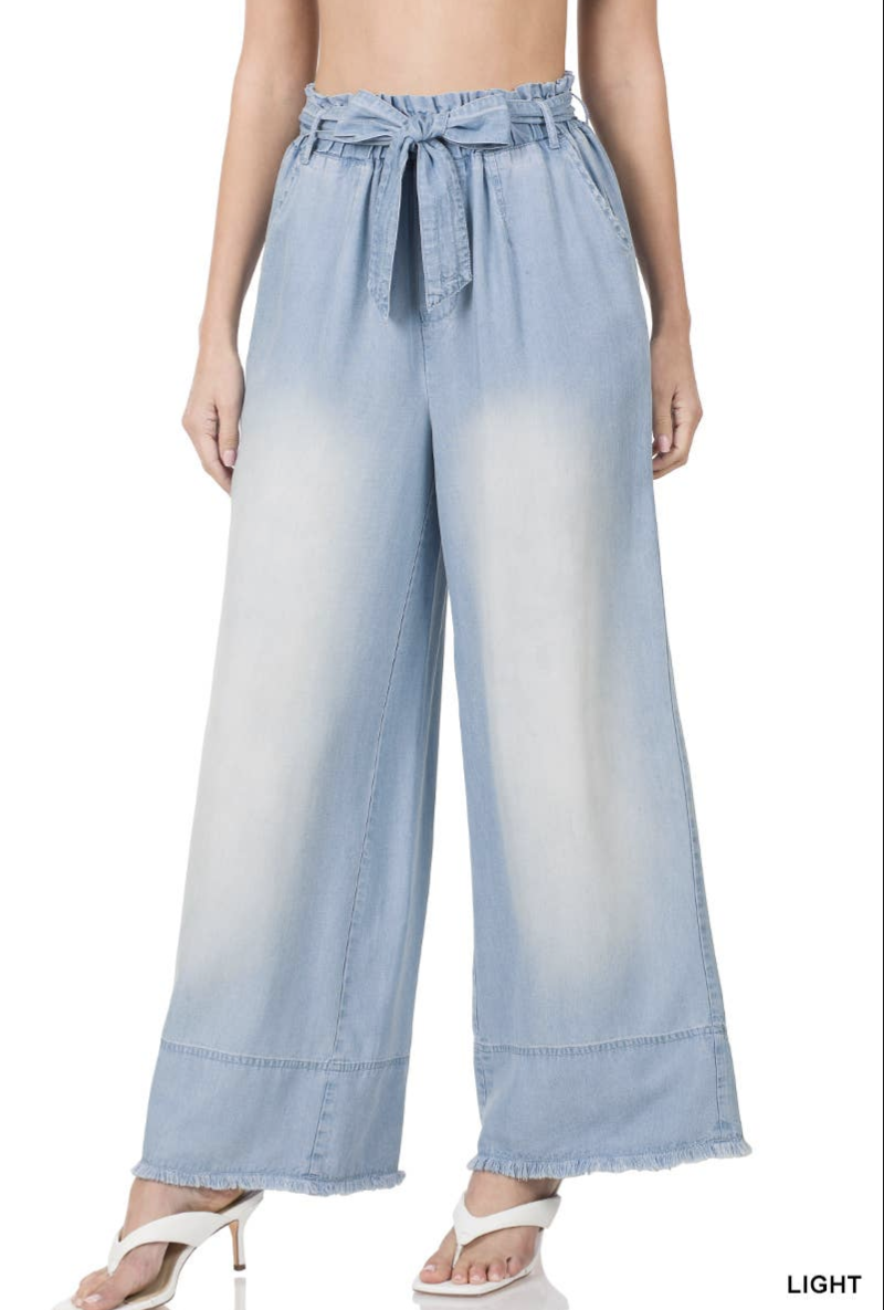 Chambray Paperbag Waist Belted Wide Leg Pants