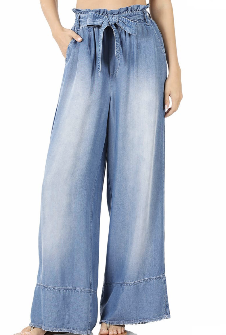 Chambray Paperbag Waist Belted Wide Leg Pants