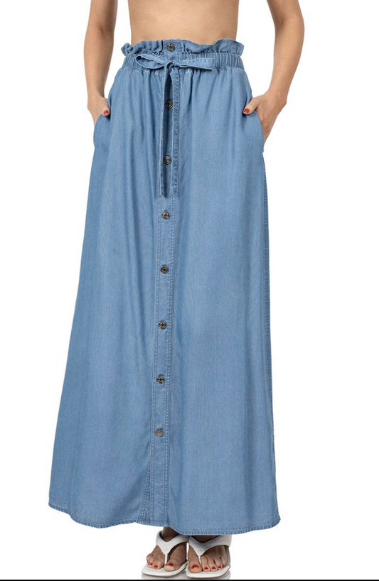 Chambray Paperbag Waist Button Front Maxi Skirt