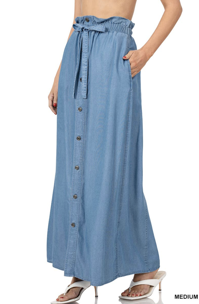 Chambray Paperbag Waist Button Front Maxi Skirt