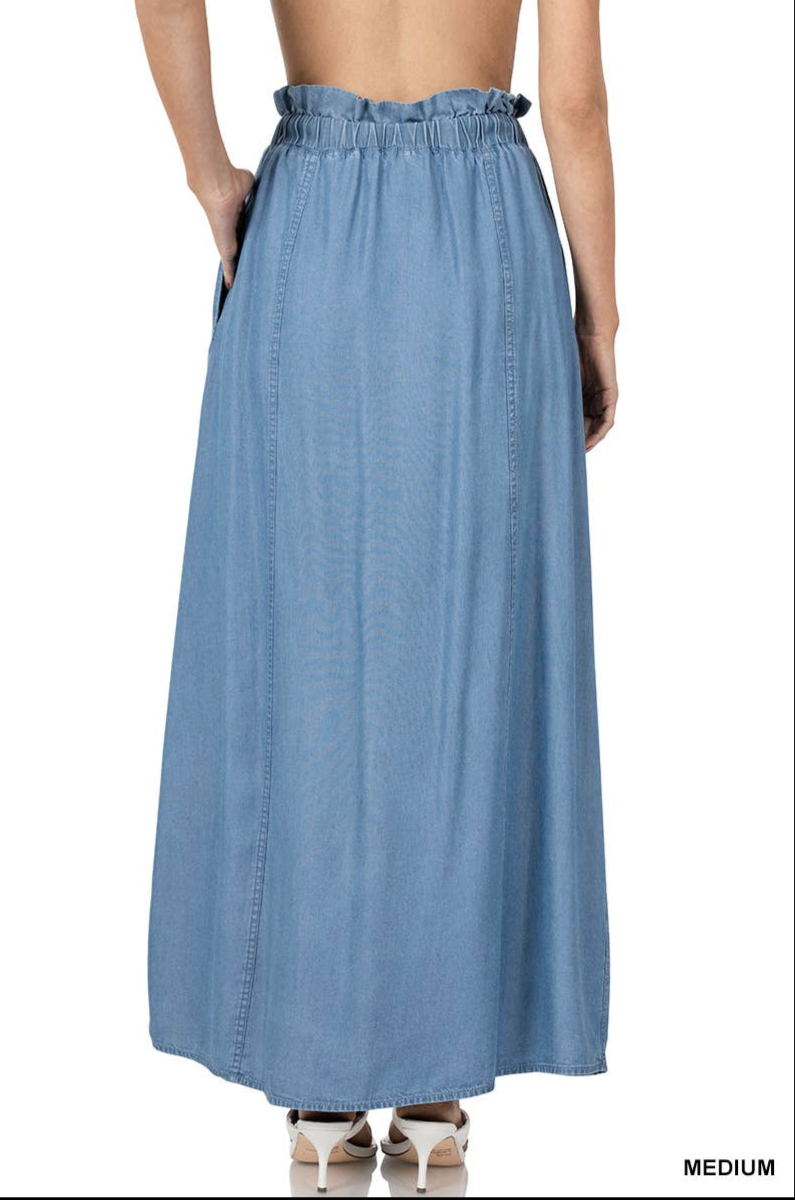 Chambray Paperbag Waist Button Front Maxi Skirt