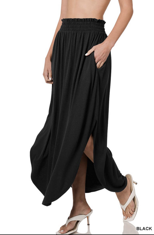 Smocked Waist Side Slit Maxi Skirt With Pockets