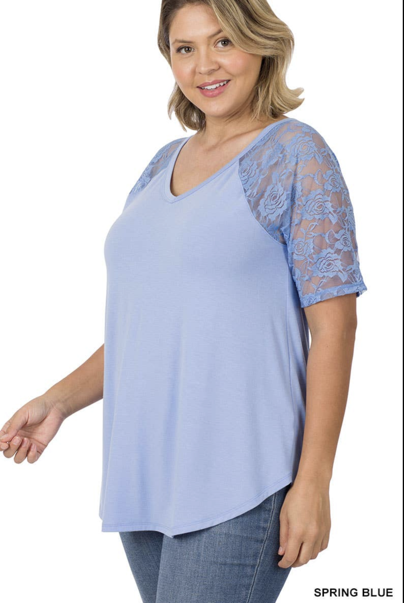 Lace Detail Short Sleeve V Neck