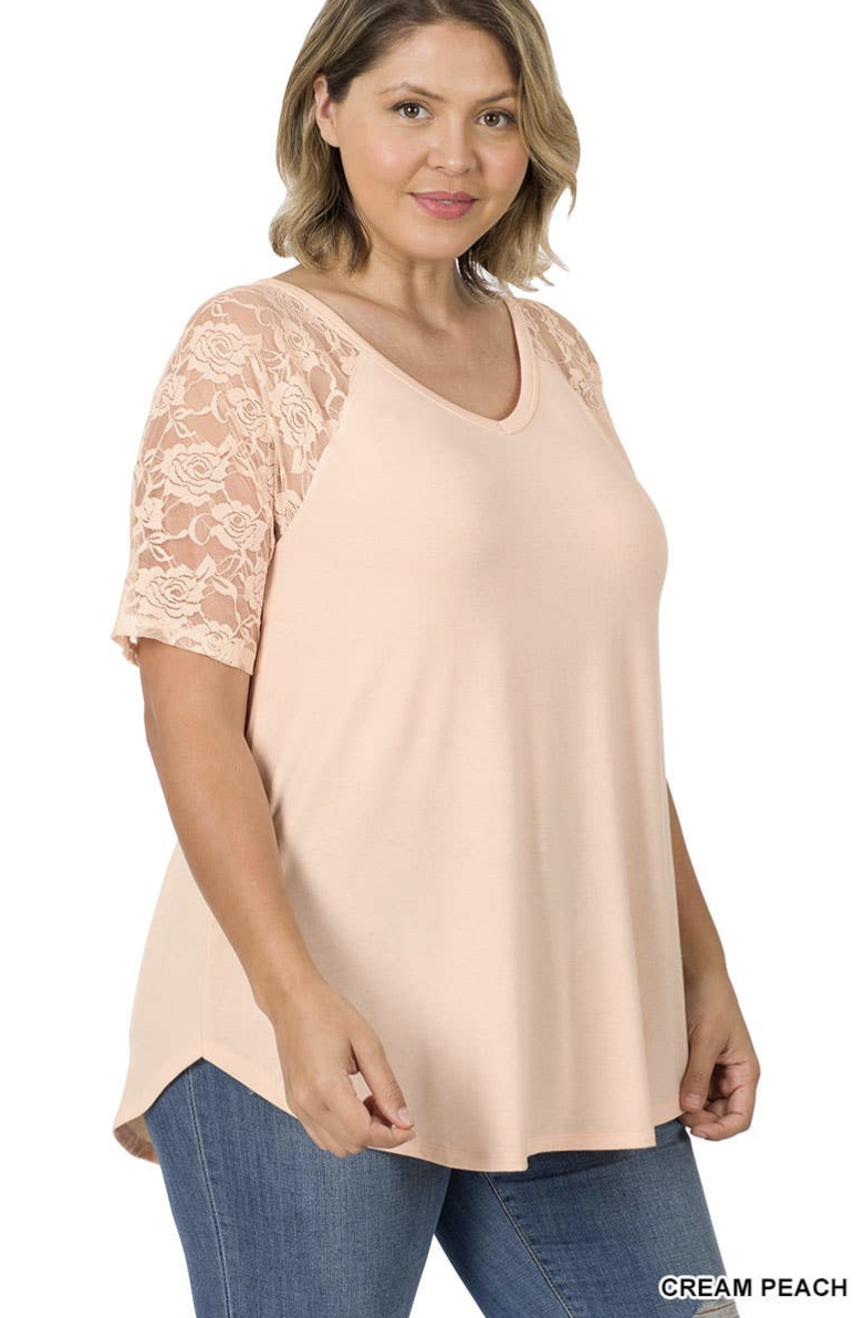 Lace Detail Short Sleeve V Neck