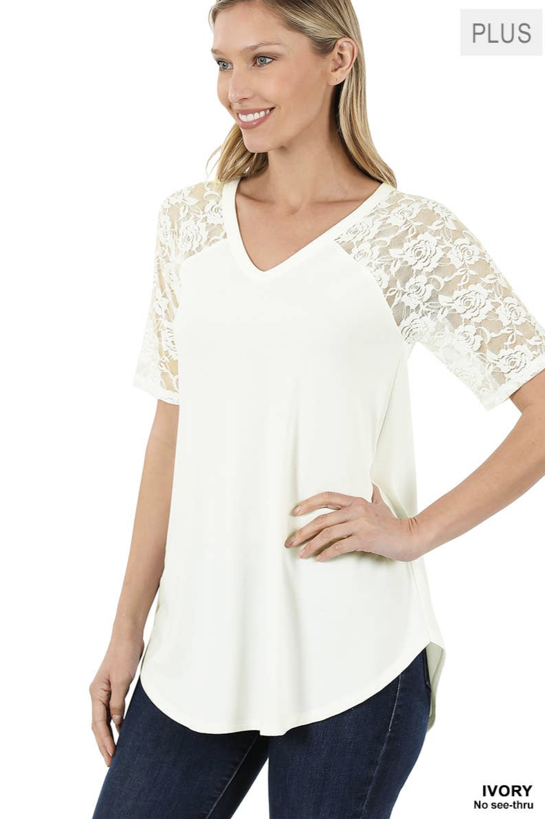 Lace Detail Short Sleeve V Neck