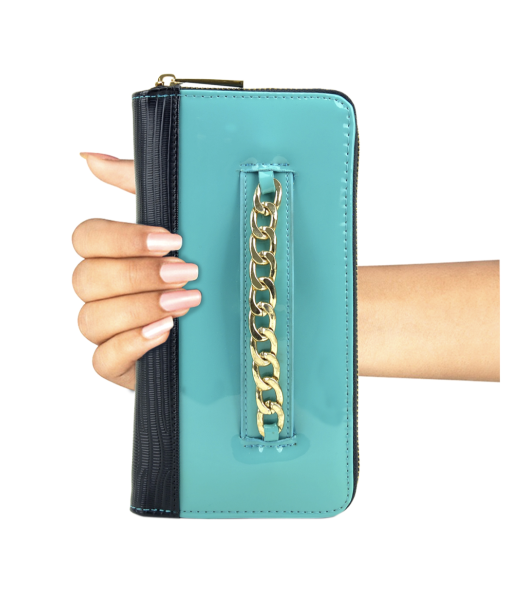 Gold-Tone Chain Faux Leather Zip Around Wallet