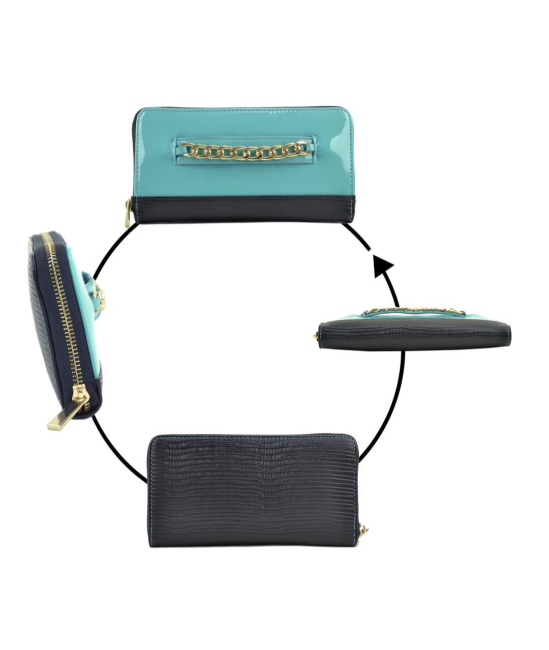 Gold-Tone Chain Faux Leather Zip Around Wallet