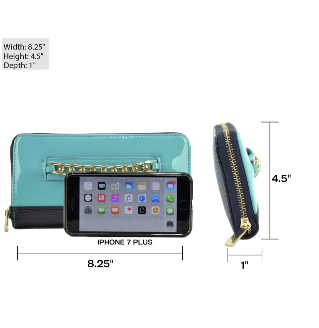 Gold-Tone Chain Faux Leather Zip Around Wallet