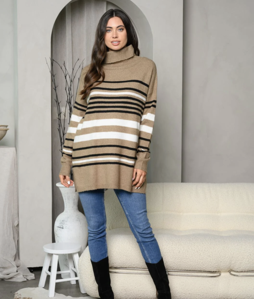Long Sleeve Turtle Neck Stripes Tunic Sweater