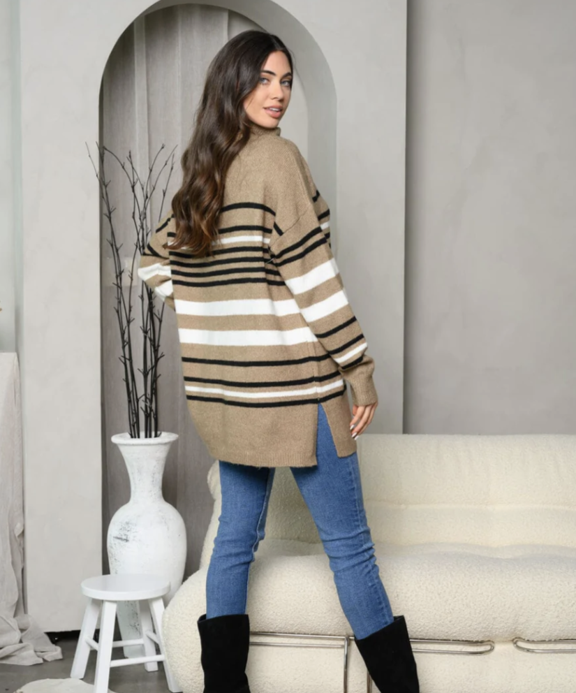 Long Sleeve Turtle Neck Stripes Tunic Sweater