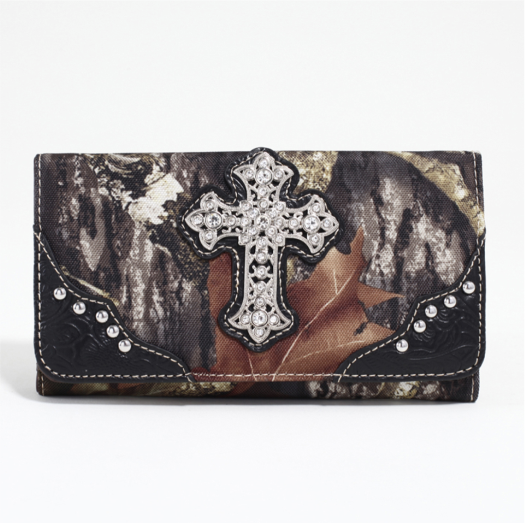 Mossy Oak ® Camouflage Tri-fold Wallet w/ Rhinestone Cross & Floral Trim - Black