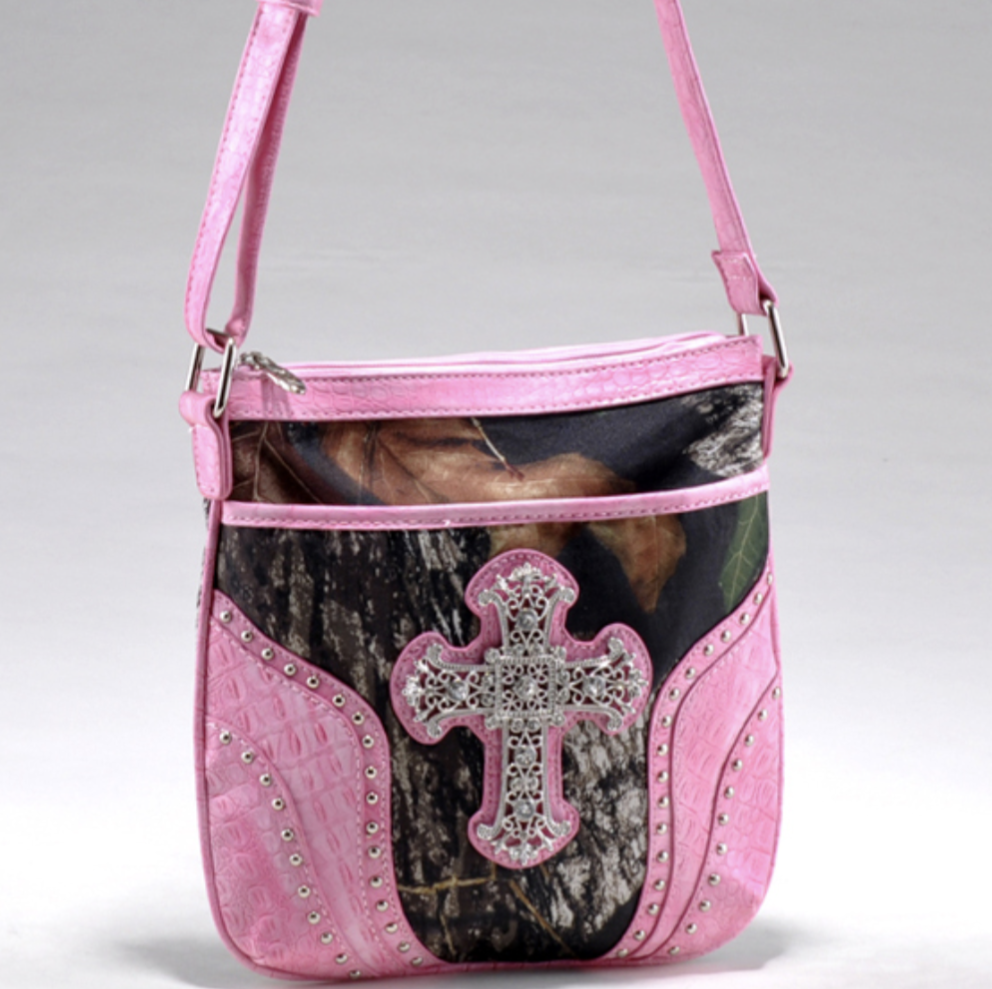 Mossy Oak camouflage messenger cross body bag w/rhinestone cross accent