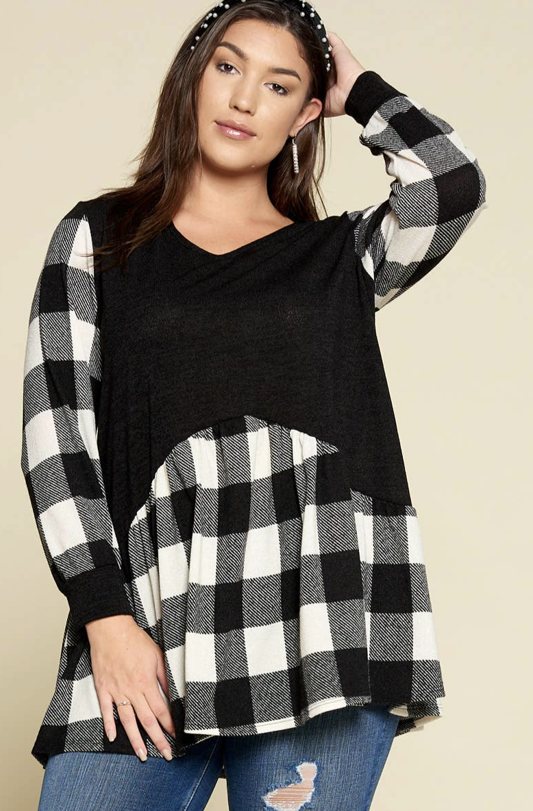 Plus Size Buffalo Plaid Babydoll Top