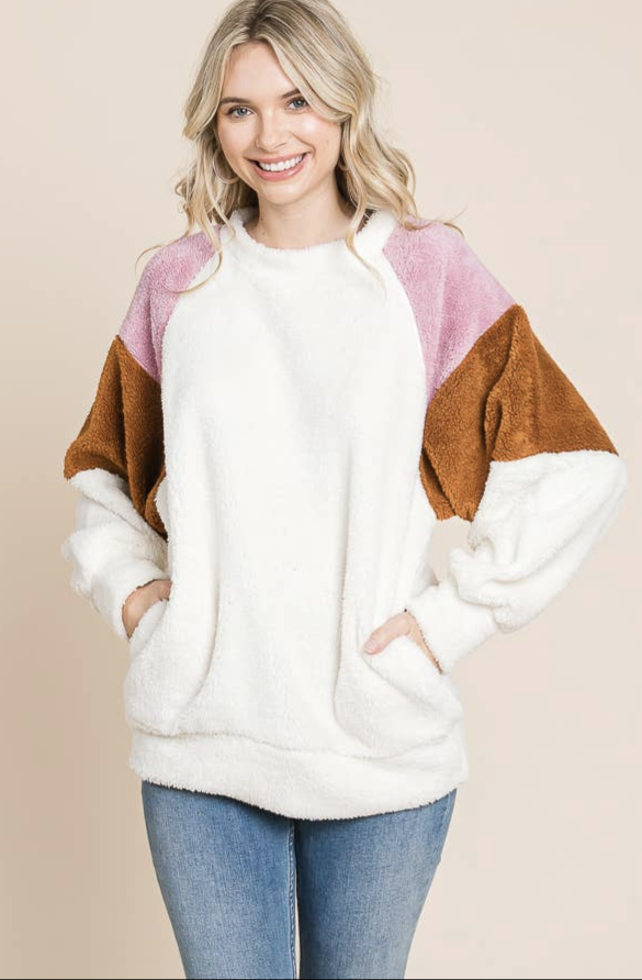 Faux Fur Raglan Sleeve Sweatshirt Top--.