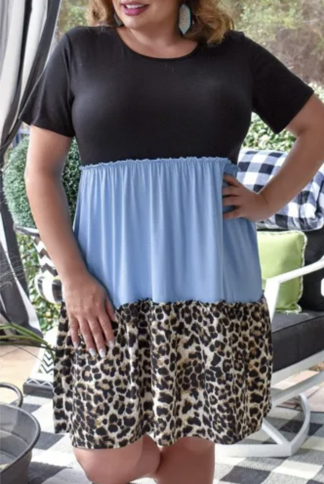 Sky Blue Colorblock Leopard Patchwork T Shirt Plus Size Dress