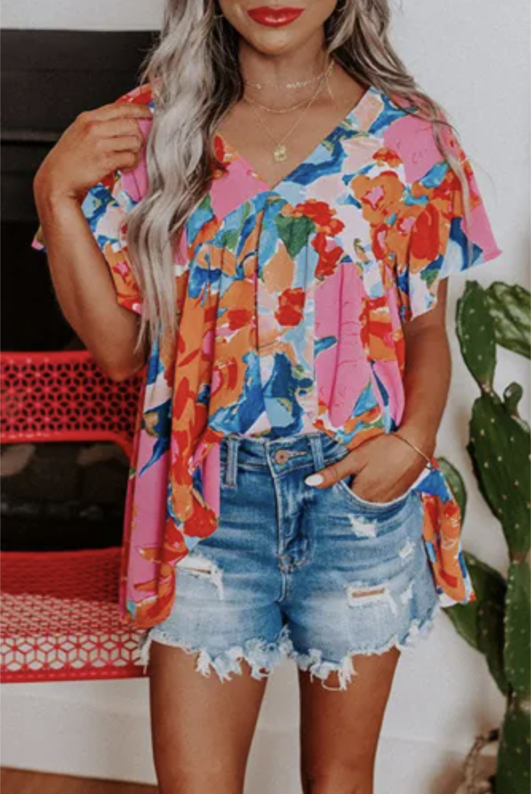 Pink Abstract Print V Neck Flutter Sleeve Blouse