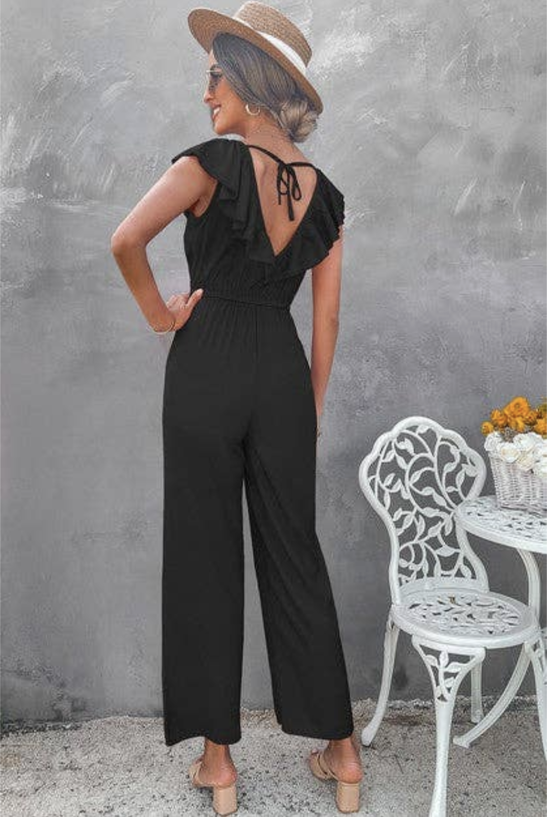 Ruffled V Neck Sleeveless Solid Jumpsuit