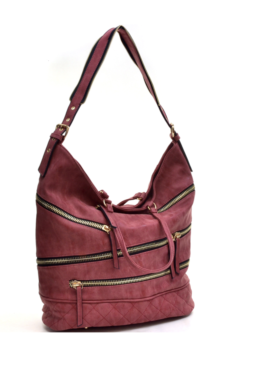 Gold-Tone Quilted Hobo Bag with Front Zipper Deco