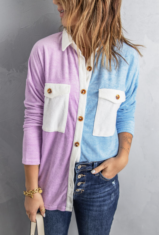 Multi color block Fleece Pockets Buttoned Shirt