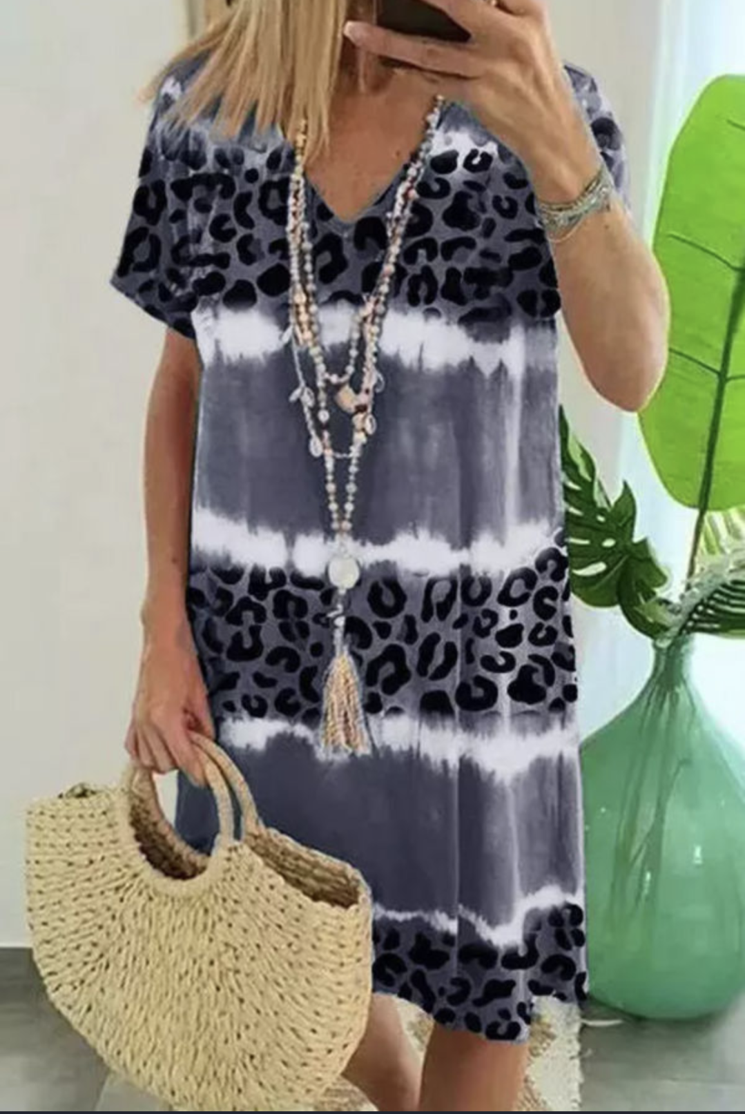Leopard Color Block V Neck T-Shirt Dress