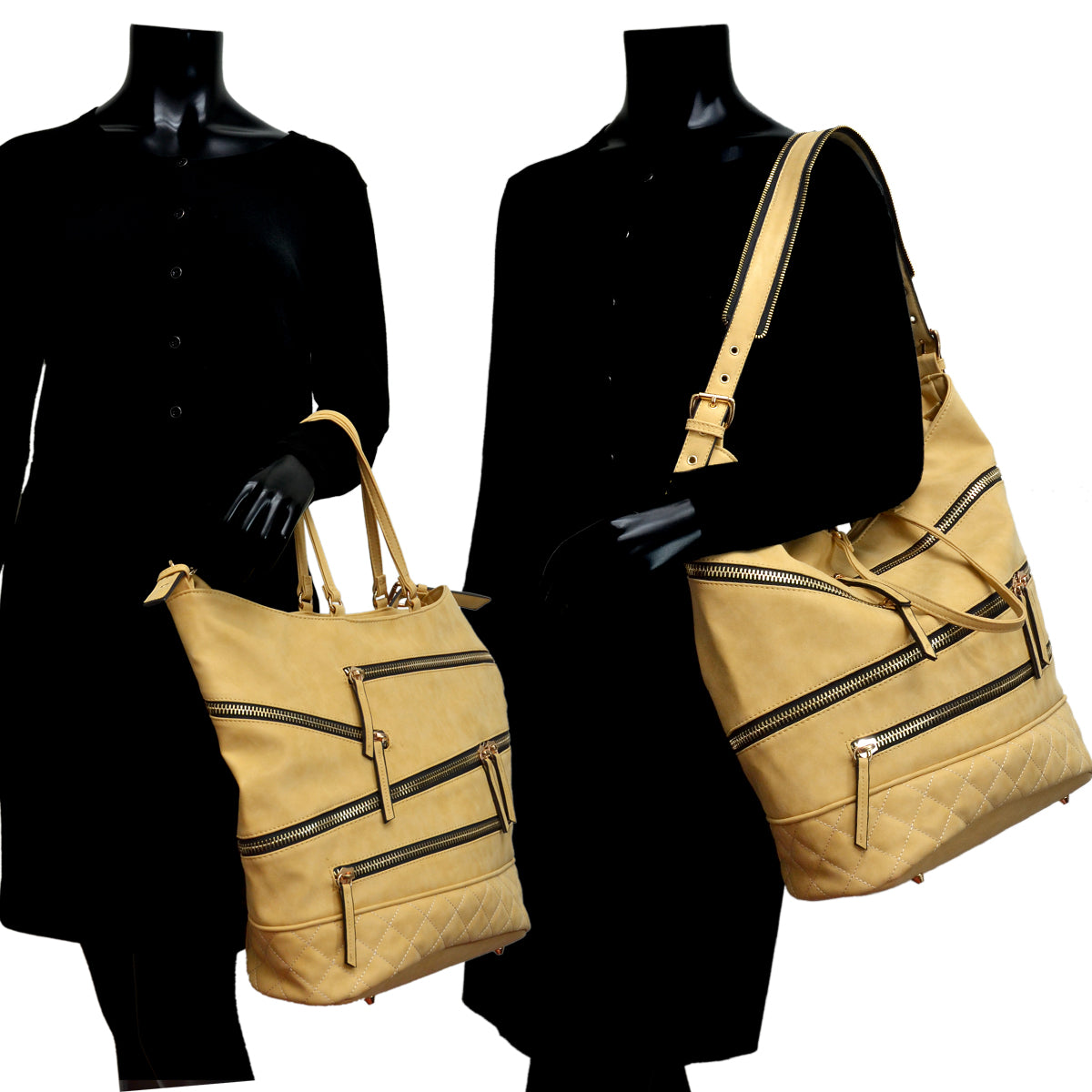 Gold-Tone Quilted Hobo Bag with Front Zipper Deco
