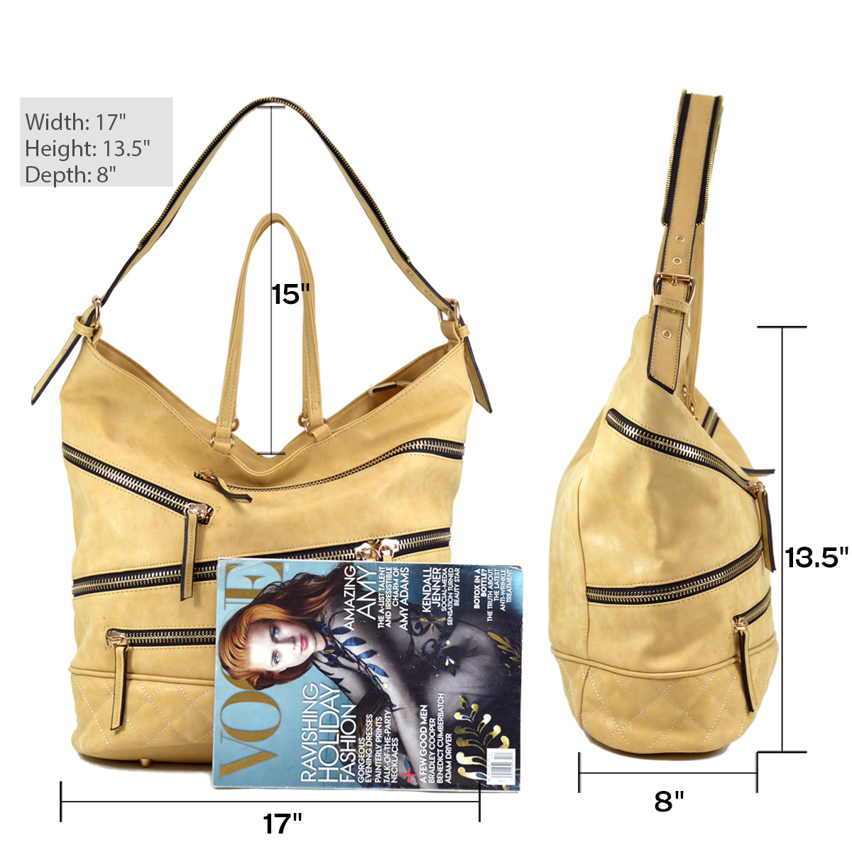 Gold-Tone Quilted Hobo Bag with Front Zipper Deco