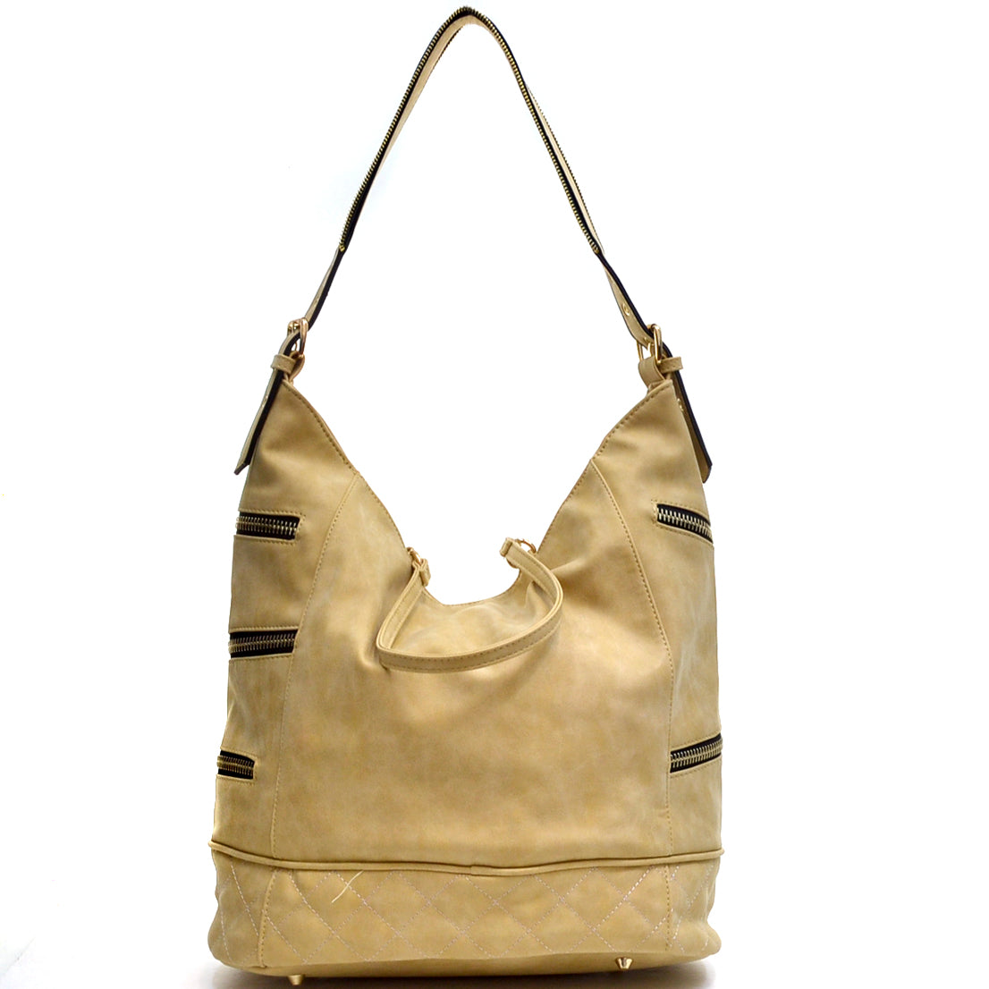 Gold-Tone Quilted Hobo Bag with Front Zipper Deco