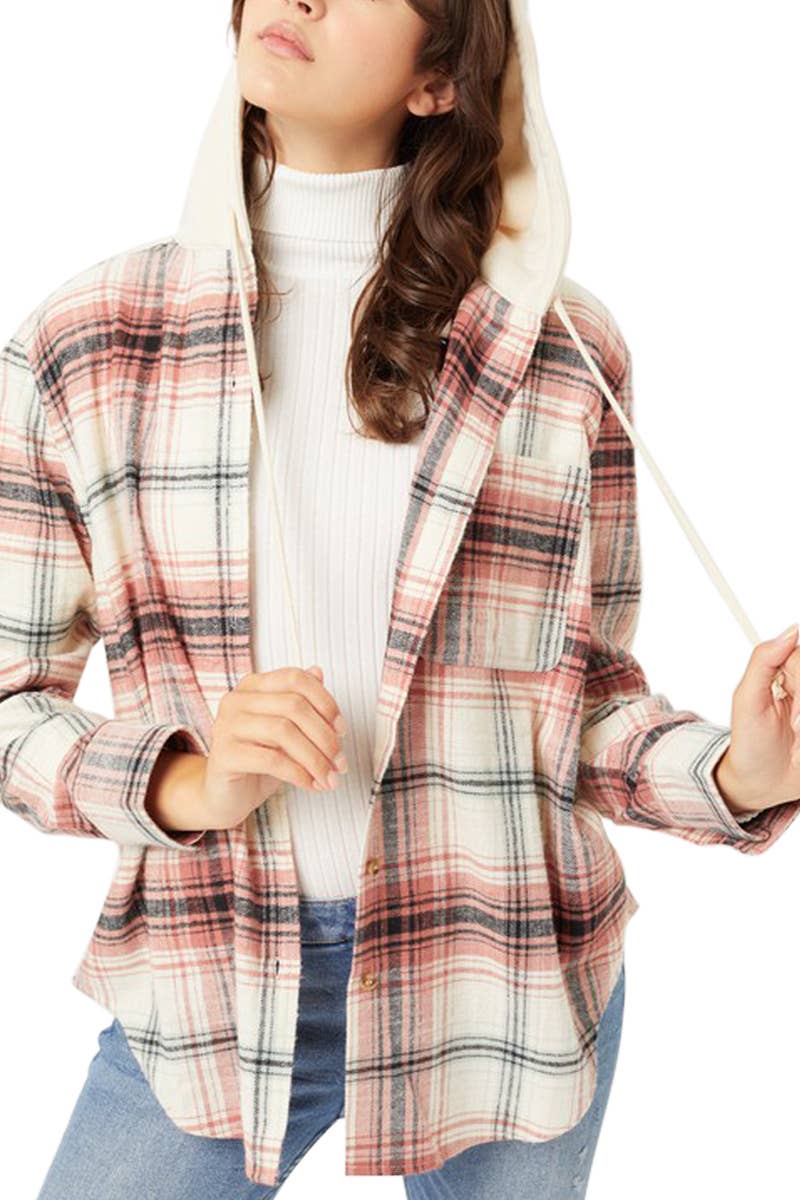 Hooded Plaid Sweater Shacket Terra Cotta