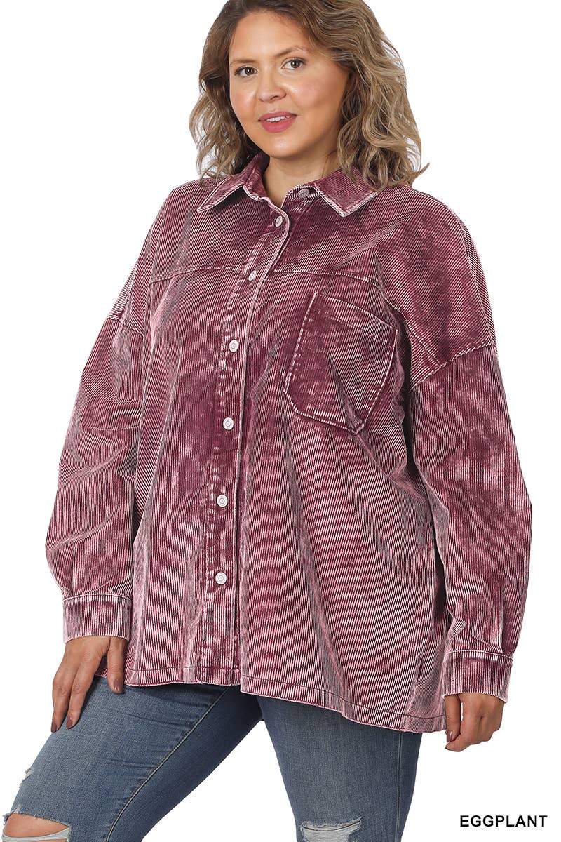 Plus Premium Vintage Washed Corduroy Shacket - Eggplant