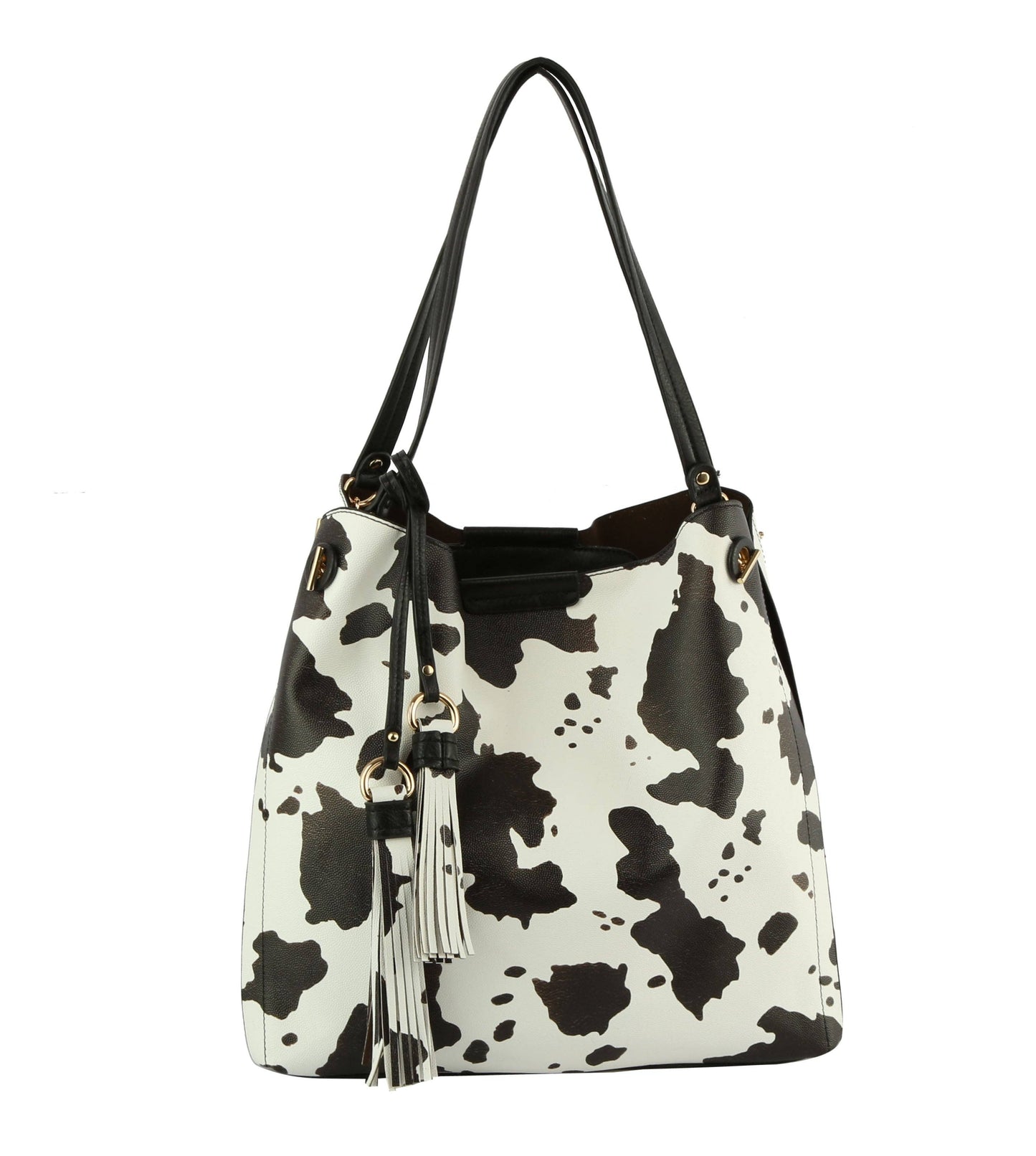 Cow Print Satchel Tossel Handbag: BLACK